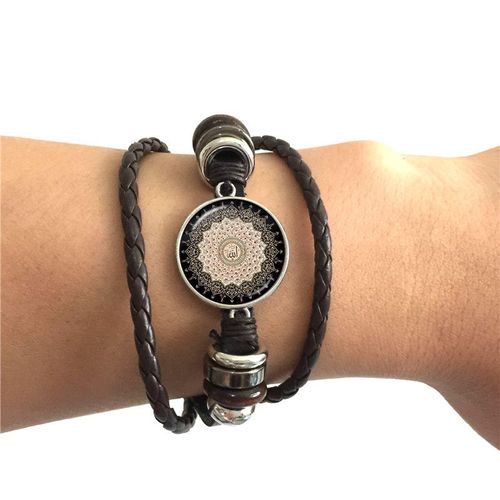 Bracelet Musulman Avec Cabochon En Verre Pour Hommes Et Femmes, Symbole D'allah Islamique, Bijoux Arabes, Noir Et Marron, Cadeau Religieux, 20mm