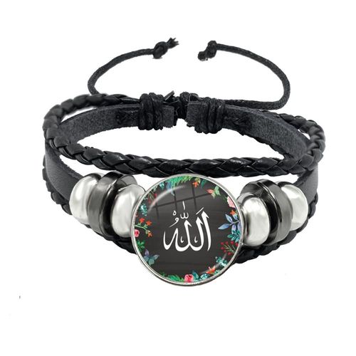 Bracelet En Cuir Noir Avec Symbole Allah Pour Hommes Et Femmes, Bijoux Musulmans Avec Cabochon En Verre Arabe, Cadeau Religieux