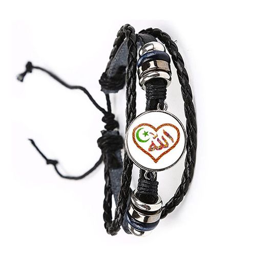 Bracelet Musulman Avec Cabochon En Verre Pour Hommes Et Femmes, Symbole D'allah Islamique, Bijoux Arabes, Noir Et Marron, Cadeau Religieux, 20mm