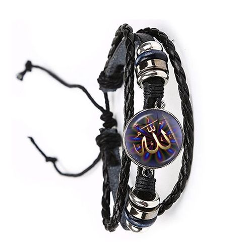 Bracelet En Cuir Noir/Marron Avec Cabochon En Verre Pour Femme Et Fille, Bijou Arabe Musulman, À Breloques, Allah