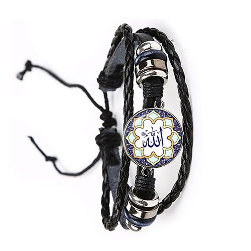 Bracelet En Cuir Noir/Marron Avec Cabochon En Verre Pour Femme Et Fille, Bijou Arabe Musulman, À Breloques, Allah