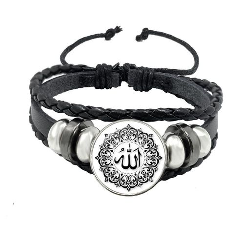 Bracelet À Breloques En Cuir Noir, Cabochon En Verre, Cadeau Du Ramadan, Bijoux Arabes, Musulmans, Islamiques, Dieu Allah, Cadeau D'amis, Chaud