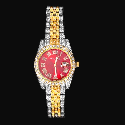 Montre De Luxe À Quartz Pour Hommes, Hip Hop, Glacé, Carré Diamant, Montre-Bracelet En Acier Doré, Calendrier Romain, Bijoux