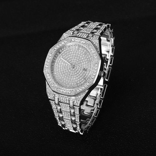 Montre De Luxe À Quartz Pour Hommes, Hip Hop, Glacé, Carré Diamant, Montre-Bracelet En Acier Doré, Calendrier Romain, Bijoux