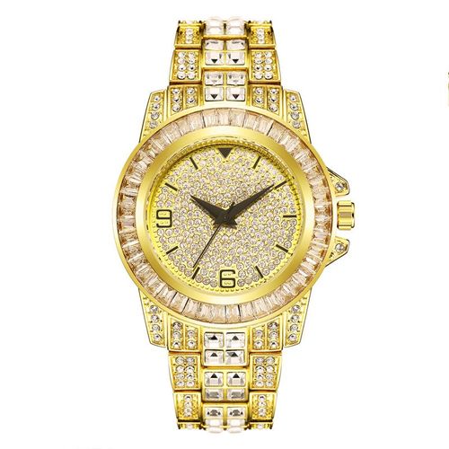 Montre De Luxe À Quartz Pour Hommes, Hip Hop, Glacé, Carré Diamant, Montre-Bracelet En Acier Doré, Calendrier Romain, Bijoux