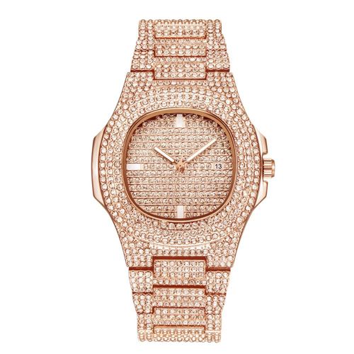 Montre De Luxe À Quartz Pour Hommes, Hip Hop, Glacé, Carré Diamant, Montre-Bracelet En Acier Doré, Calendrier Romain, Bijoux