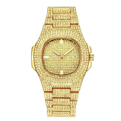 Montre De Luxe À Quartz Pour Hommes, Hip Hop, Glacé, Carré Diamant, Montre-Bracelet En Acier Doré, Calendrier Romain, Bijoux