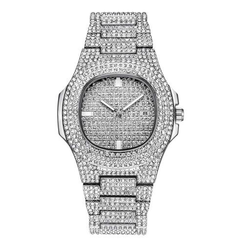 Montre De Luxe À Quartz Pour Hommes, Hip Hop, Glacé, Carré Diamant, Montre-Bracelet En Acier Doré, Calendrier Romain, Bijoux