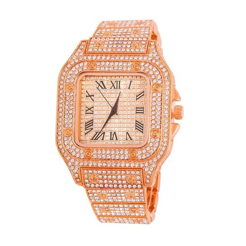 Montre De Luxe À Quartz Pour Hommes, Hip Hop, Glacé, Carré Diamant, Montre-Bracelet En Acier Doré, Calendrier Romain, Bijoux
