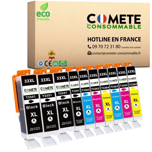 COMETE - 33XL - 10 Cartouches d'encre compatibles EPSON 33 XL Orange - Photo Noir / Noir / Cyan / Magenta / Jaune - COMETE CONSOMMABLE
