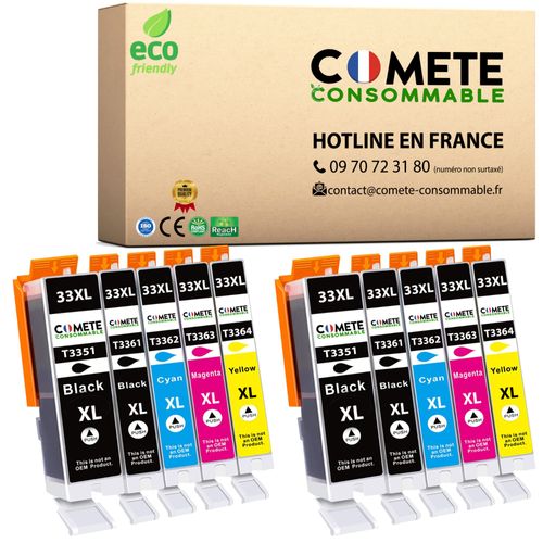 COMETE - 33XL - 10 Cartouches d'encre compatibles EPSON 33 XL Orange- 4 Noirs 2 Cyan 2 Magenta 2 Jaune - COMETE CONSOMMABLE
