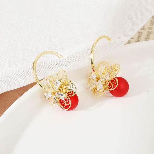 Boucles D'oreilles Mode Coréenne Pour Filles, Filet De Tempérament De Célébrité, Rouge Sauvage, Perle En Cristal, Fleur, Vente En Gros