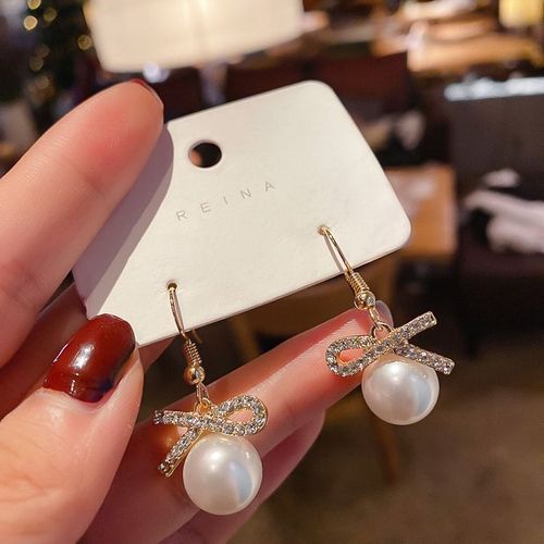 Boucles D'oreilles Adorable Pour Fille, Nouveau Tempérament, Dongdaemun, N¿Ud En Cristal, Perle, Rouge, Vente En Gros, 2021