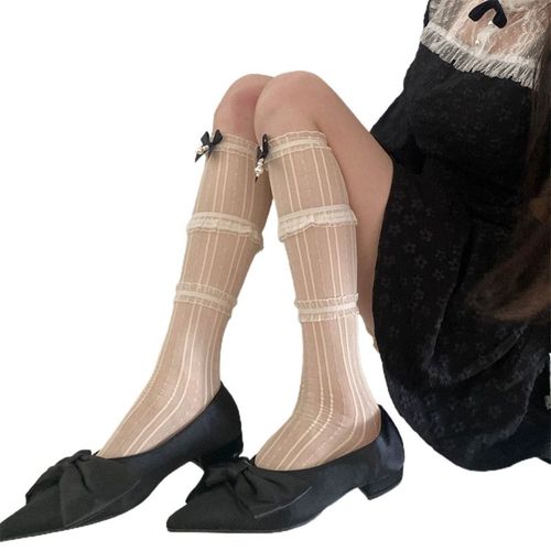 Chaussettes De Danse En Résille Pour Femmes, Bas Longs Aux Genoux, N¿Uds Pour Filles, Style Élégant, Ballet, Bord En Dentelle, Été, Livraison Directe, 03