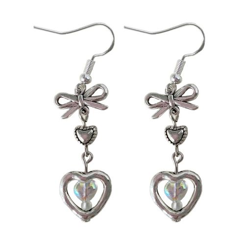 Mode Y2k Métal Coeur Bowknot Boucles D'oreilles À La Main Crochet Boucles D'oreilles Pour Les Femmes Dropship
