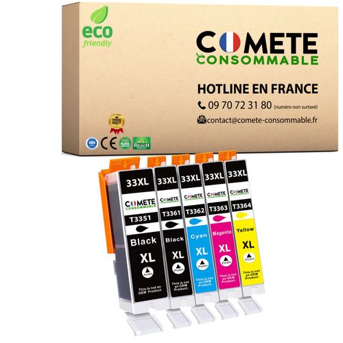 COMETE - 33XL - 5 Cartouches d'encre compatibles EPSON 33 XL Orange- Photo Noir / Noir / Cyan / Magenta / Jaune - COMETE CONSOMMABLE