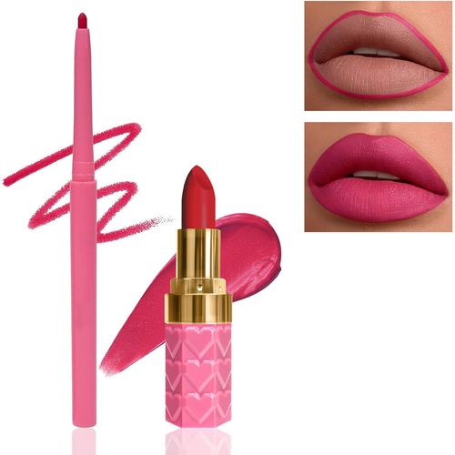 2 Pièces Rouge À Lèvres Mat Et Crayon À Lèvres,Velouté Longue Durée Waterproof No Transfert Rouge À Lèvres Crème,Anti-Adhésifs,Hautement Pigmenté Crayon À Lèvres,Cadeau De Beauté Pour Femmes-P05 