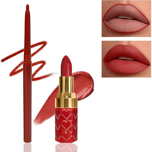 2 Pièces Rouge À Lèvres Mat Et Crayon À Lèvres,Velouté Longue Durée Waterproof No Transfert Rouge À Lèvres Crème,Anti-Adhésifs,Hautement Pigmenté Crayon À Lèvres,Cadeau De Beauté Pour Femmes-R01 
