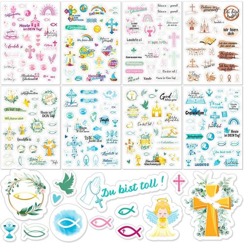 8 Feuilles D'autocollants Communion,Livre D'or Communion Confirmation Autocollants Bapt¿ºme Croix Colombe Poisson Autocollants Pour Bapt¿ºme Confirmation Communion D¿¿Coration