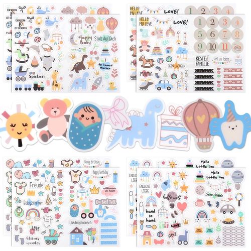 Sticker Naissance Bébé Album Photo,424 Autocollant Pour Scrapbooking,Album Photo,Journal De Grossesse,Baptème,Sticker Scrapbooking Naissance Bébé Garçon Fille,8 Feuilles