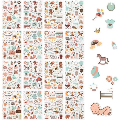 4 Pièces Autocollants Pour Enfants,Sticker Naissance Bébé Album Photo,Marron Stickers Pour Album Bébé,Autocollant Scrapbooking Pour Baby Shower,Fille,Garçon,Cadeau,Scrapbooking