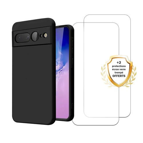 Coque Google Pixel 7 Pro Silicone Liquide Noire + 2 Vitres En Verre Trempé Protection Écran Antichocs Evetane