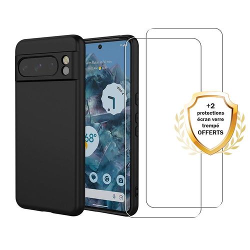 Coque Google Pixel 8 Pro Silicone Liquide Noire + 2 Vitres En Verre Trempé Protection Écran Antichocs Evetane