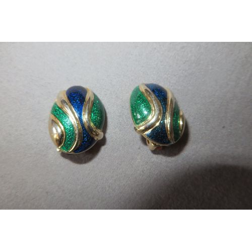 Vintage Boucles D¿Oreilles Clip Émail Bleu Et Vert