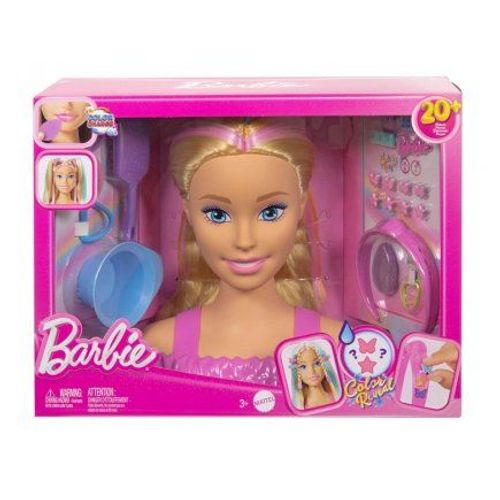 Barbie Color Reveal - Tete a coiffer Chevelure blonde, meches pastel - Plus de 20 Accessoires de coiffure - Set Poupee et Carte