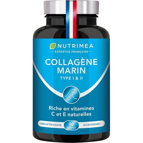 Colagene Marin-Type 1&2 Breveté Pur Et Naturel-Vitamines A, C & E. Végétales- Nutriméa- Hydratation De La Peau- Protège Os Et Articulations- 900 Mg- 90 Gélules- Fabriqué En France. 
