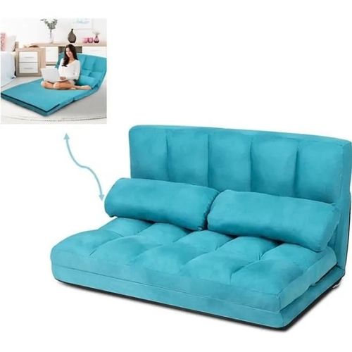 Costway Canapé Lit / Chauffeuse Convertible, Dossier Réglable 6 Positions, 2 Coussins, Tissu Aspect Suédé Détachable Et Lavable Bleu