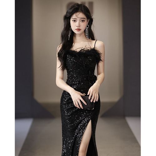 Robe De Soirée Noire Pour Femme, Printemps, Nouvelle Robe De Soirée Pour Célébrités, Paillettes, Dos Nu, Queue De Poisson, Robe Sexy.