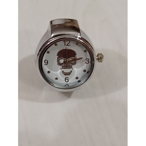 Bague Montre Metal Argenté , Cadrant Rond,Fond Blanc,Motif Tete De Mort