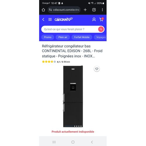 Réfrigérateur / congélateur noir 1m70 avec distributeur eau