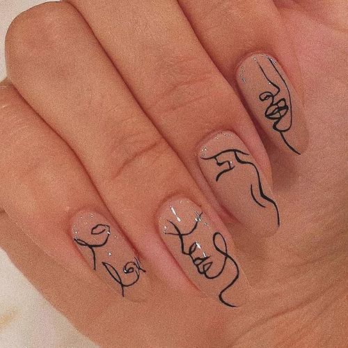 Nude Graffiti Presse Sur Les Ongles Avec Des Dessins,Acrylique Ongles Pressez,Bâton Sur Les Ongles Pour Les Femmes,Colle Artificielle Sur Les Ongles,Faux Ongles Ovales Courts Pour Nails Art 