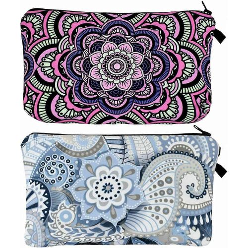 Trousse de maquillage 2 pièces Sac à cosmétiques pour femmes Trousses de toilette de voyage imperméables avec fermeture éclair Mandala Fleurs Petit sac de maquillage pour sac à main Accessoires spacie