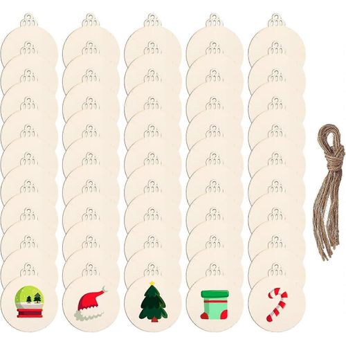 50 Pcs Boules de Noël en bois naturel pour l¿artisanat, Ornements en bois naturel avec ficelle pour la décoration de l¿arbre de Noël