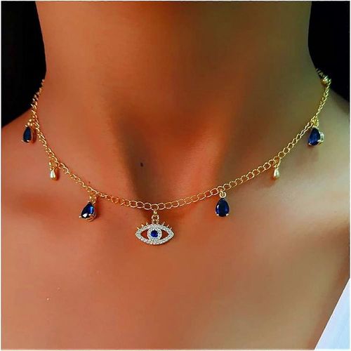 Saphir Bohème Evil Eye Pendentif Collier Or Cristal Diable Oeil Tour De Cou Collier Saphir Larme Collier Bleu Cz Oeil Collier Bijoux