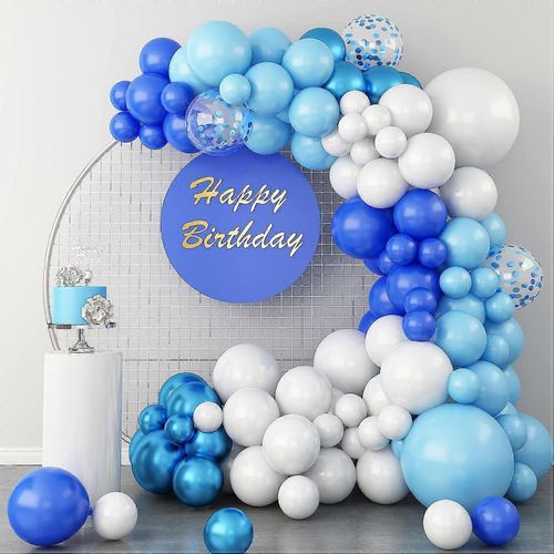 Guirlande de ballons bleu, 115 pcs foncé et clair bleu blanc métallisé confettis bleu Latex ballons, 5 10 12 18 pouces taille différente pour la fête de remise des diplômes mer