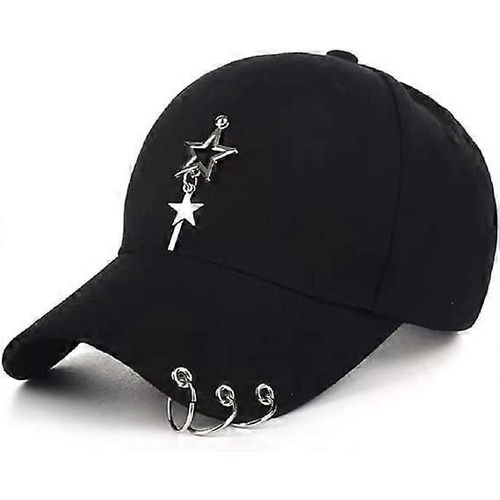 Casquette Ajustée Noire Unisexe, Casquette K-Pop, Casquette De Baseball Avec Chaîne D¿Anneau, Casquette Métallique, Casquette Unique, Casquette Avec Étoile