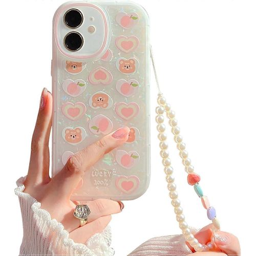 Compatible Pour Coque Iphone 12, Mignon Dessin Animé Love Bear Peach Avec Coeur Perlé Lanière Dragonne Pour Les Femmes Filles, Motif De Coquillage Doux Tpu - Ours Rose