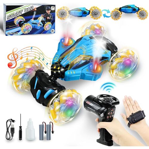 Voiture Télécommandée,360° Rotation Offroad Drift Car Avec Musique Lumière Et Spray,4wd 2.4 Ghz Rc Voiture Enfant,Jouet Enfant Cadeau Garçon Fille 6 7 8 9 10 11 12 Ans(Bleu)