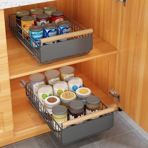 Lot De 2 Organiseurs D'armoire Coulissants Avec Poignées En Bois,Étagère Coulissante Sans Perçage,Rangement Pour Cuisine,Placards,Garde-Manger,Salle De Bain