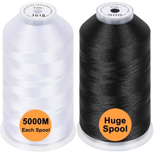 Lot De 2(Blanc+Noir) Polyester Fil Machine À Broder Énorme Bobine 5000M Pour Toutes Les Machines À Broder