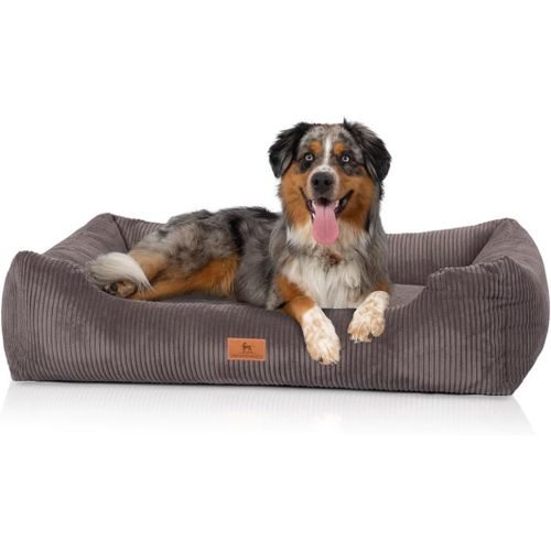 Panier Pour Chien En Velours Côtelé Aspect Tissé Main Olivia M-L 85x63cm Gris-Marron-Housse Amovible-Lavable-Pour Grands,Moyens Et Petits Chiens
