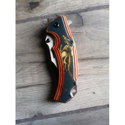 Couteau Canif Pliant Motif Dragon Fantastique Couleur Gris Bois