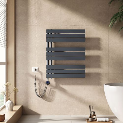EMKE Sèche-serviettes électrique avec thermostat, panneau chauffant, tige chauffante avec minuterie, 76,2 x 60 cm, 400 W, gris anthracite