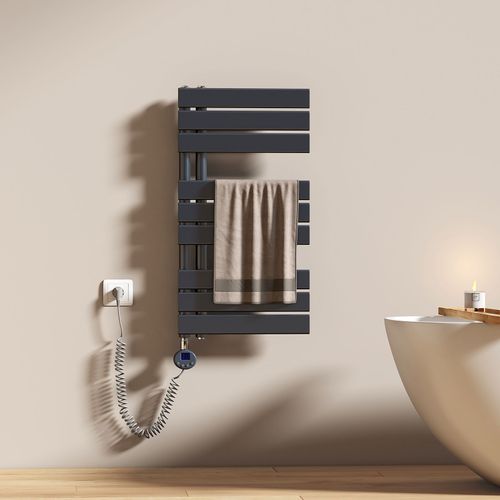 EMKE Sèche-serviettes électrique avec thermostat, panneau chauffant, tige chauffante avec minuterie, 76,2 x 40 cm, 400 W, gris anthracite