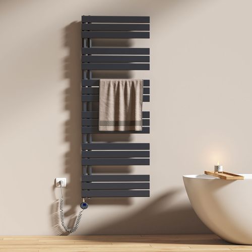 EMKE Sèche-serviettes électrique avec thermostat, panneau chauffant, tige chauffante avec minuterie, 159,9 x 60 cm, 1000 W, gris anthracite