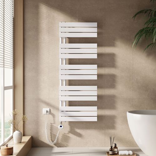 EMKE Sèche-serviettes électrique avec thermostat, panneau chauffant, tige chauffante avec minuterie, 132 x 50 cm, 800 W, blanc brillant